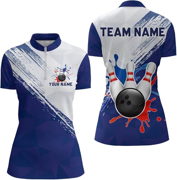 Custom White And Blue Team Bowling Jersey Shirt For Women, Custom Bowling Team Shirts BZ0062