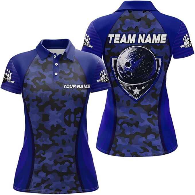 Custom Bowling Team Shirts For Women, Custom Camo Bowling Polo Shirt For Women BZ0193