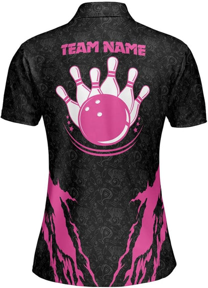 Custom Black And Pink Team Bowling Polo Shirt For Women, Custom Team Bowling Shirt BZ0123