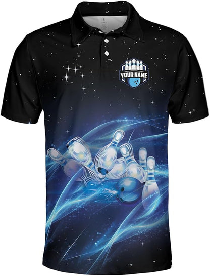 Custom Team Black And Blue Bowling Polo Shirt For Men, Custom Bowling Shirt BZ0035