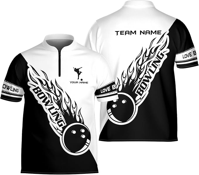 Custom Black And White Flame Ball Bowling Jersey Shirt For Men, Custom Bowling Team Shirts BZ0083