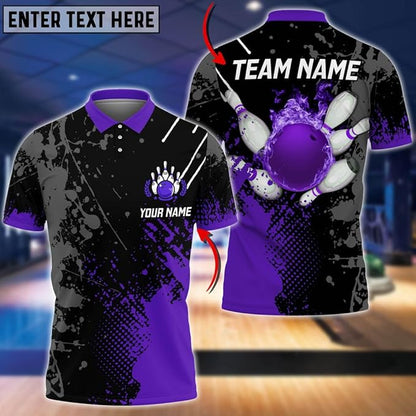 Custom Black And Blue Flame Ball Bowling Polo Shirt For Men, Custom Bowling Team Shirts BZ0086