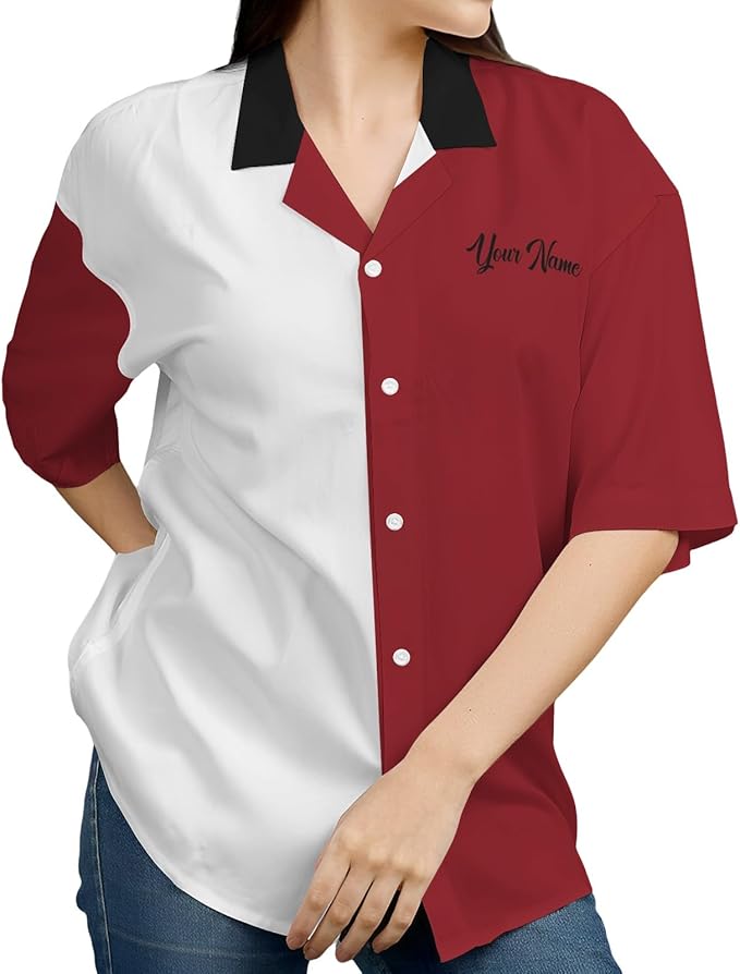 Custom Vintage Bowling Hawaiian Shirt For Women, Custom Red And White Team Bowling Shirt BZ0020