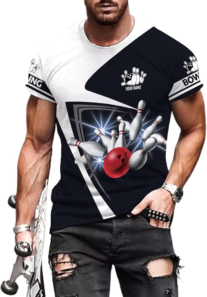 Custom Black And White Bowling T Shirt For Men, Custom Bowling Shirt BZ0077