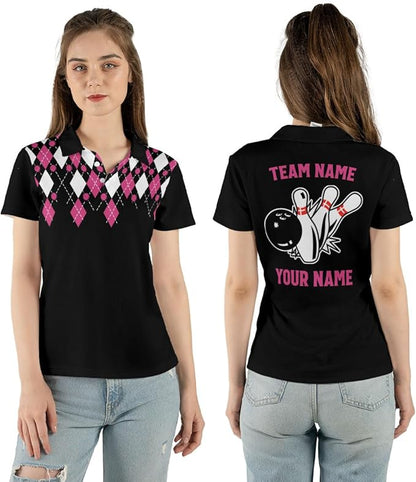 Custom Black And Pink Team Bowling Polo Shirt For Women, Custom Argyle Bowling Team Shirts BZ0121