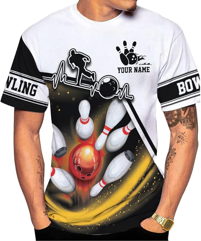 Custom Black And White Bowling T Shirt For Men, Custom Bowling Shirt BZ0055