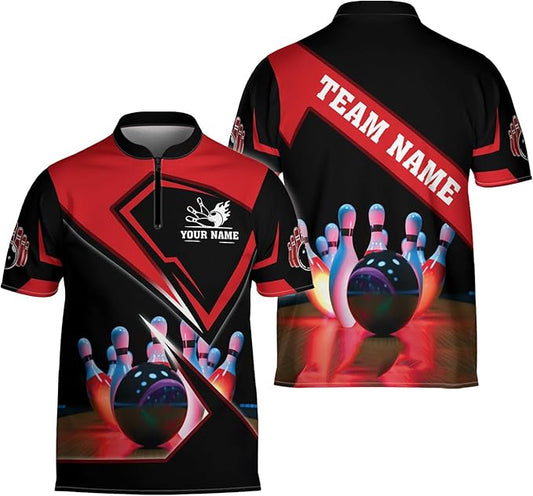 Custom Team Black And Red Bowling Jerseys Shirt For Men Women, Custom Bowling Team Shirt BZ0071