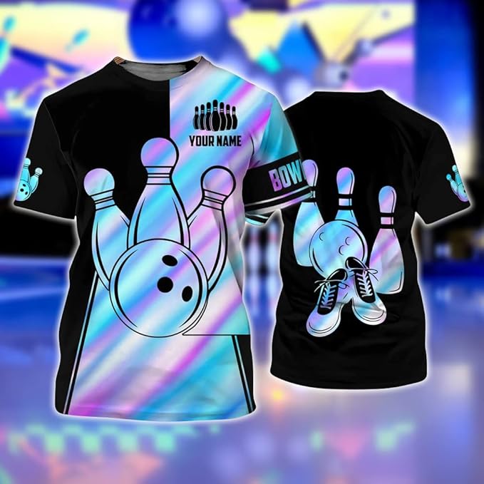 Custom Black And Blue Bowling T Shirt For Men, Custom Bowling Shirt BZ0053