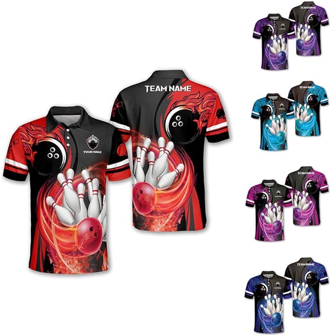 Custom Red Flame Bowling Polo Shirt For Men, Custom Team Flame Bowling Shirt BM0290