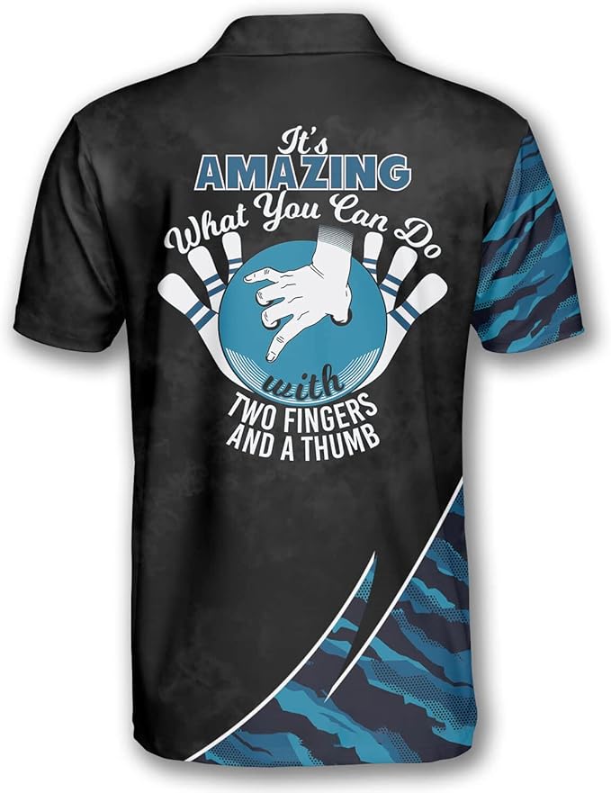 Custom It's Amazing What You Can Do With Two Fingers And A Thumb Bowling Polo Shirt For Men, Custom Black And Blue Funny Bowling Shirt BZ0058