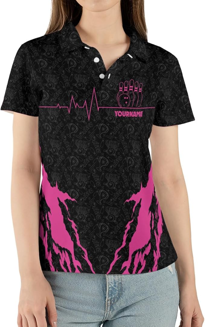 Custom Black And Pink Team Bowling Polo Shirt For Women, Custom Team Bowling Shirt BZ0123