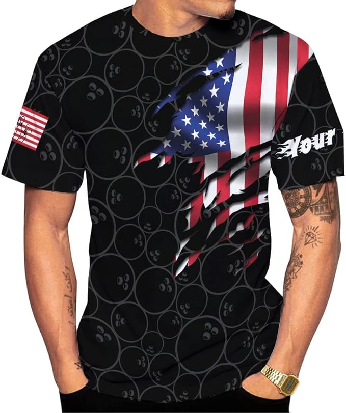 Custom American Flag Bowling T Shirt For Men, Custom Patriotic Black Bowling Shirt BZ0096