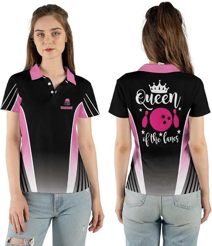 Custom Queen Of The Lanes Bowling Polo Shirt For Women, Custom Black And Pink Women's Bowling Shirt BZ0104