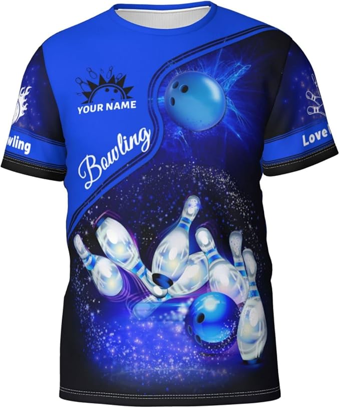 Custom Blue Bowling T Shirt For Men, Custom Bowling Shirt BZ0076