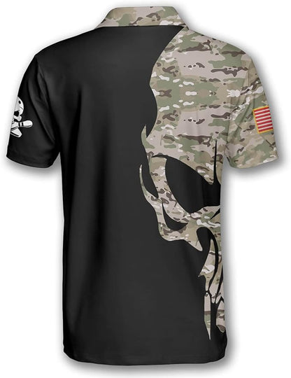 Custom Skull Bowling Polo Shirt For Men, Custom Camo Skull Bowling Shirt BZ0156