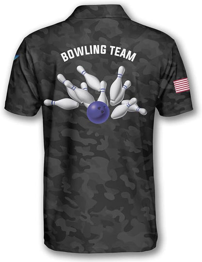 Custom Camo Bowling Polo Shirt For Men, Custom Black Bowling Team Shirts BZ0194