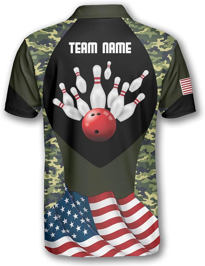 Custom Camo Bowling Polo Shirt For Men, Custom American Flag Camo Bowling Team Shirts BZ0195