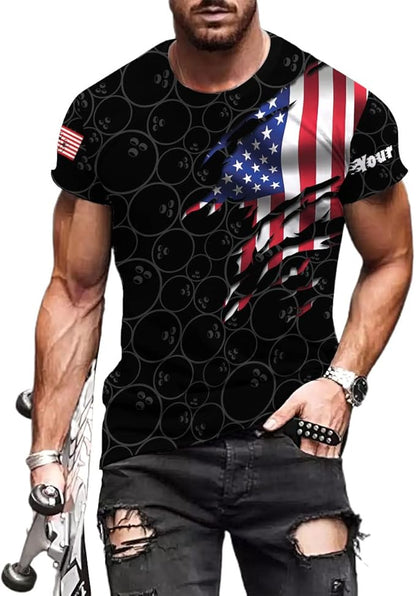 Custom American Flag Bowling T Shirt For Men, Custom Patriotic Black Bowling Shirt BZ0096