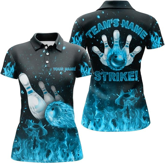 Custom Blue Flame Bowling Polo Shirt For Women, Custom Flame Bowling Team Shirts For Ladies BZ0133