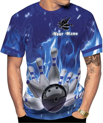 Custom Blue Flame Bowling T Shirt For Men, Custom Flame Bowling Team Shirts BZ0137