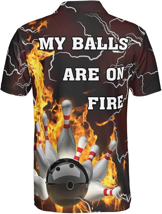 Custom My Balls Are On Fire Bowling Polo Shirt For Men, Custom Funny Flame Bowling Shirt BZ0014