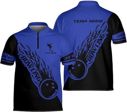 Custom Black And White Flame Ball Bowling Jersey Shirt For Men, Custom Bowling Team Shirts BZ0083