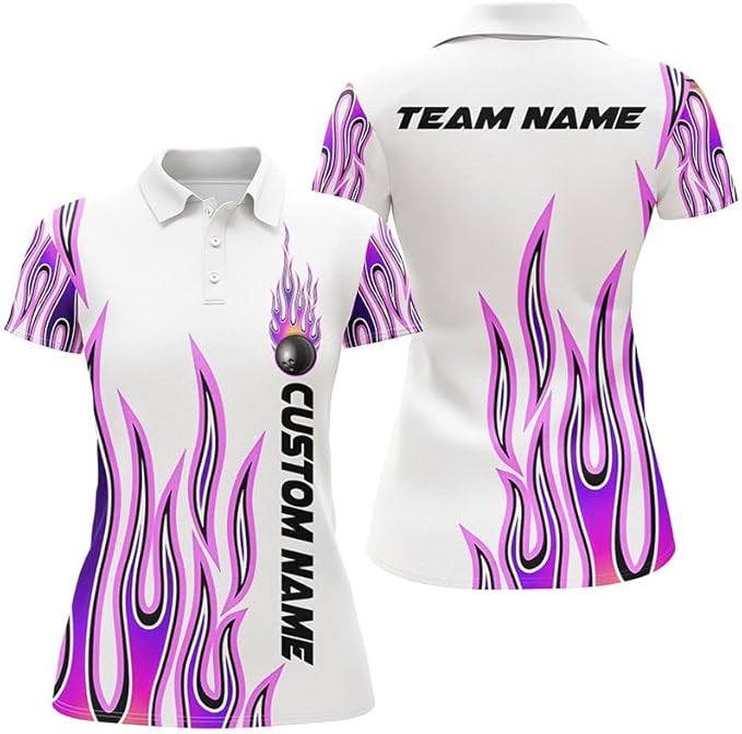 Custom Purple Flame Bowling Polo Shirt For Women, Custom Flame Bowling Team Shirts Ladies BZ0175