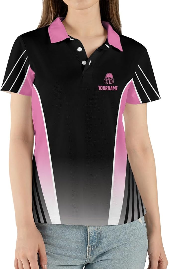 Custom Queen Of The Lanes Bowling Polo Shirt For Women, Custom Black And Pink Women's Bowling Shirt BZ0104