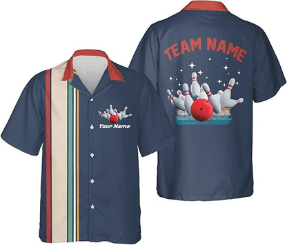 Custom Retro Bowling Hawaiian Shirt For Men, Custom Team Retro Blue Bowling Shirt HB0172