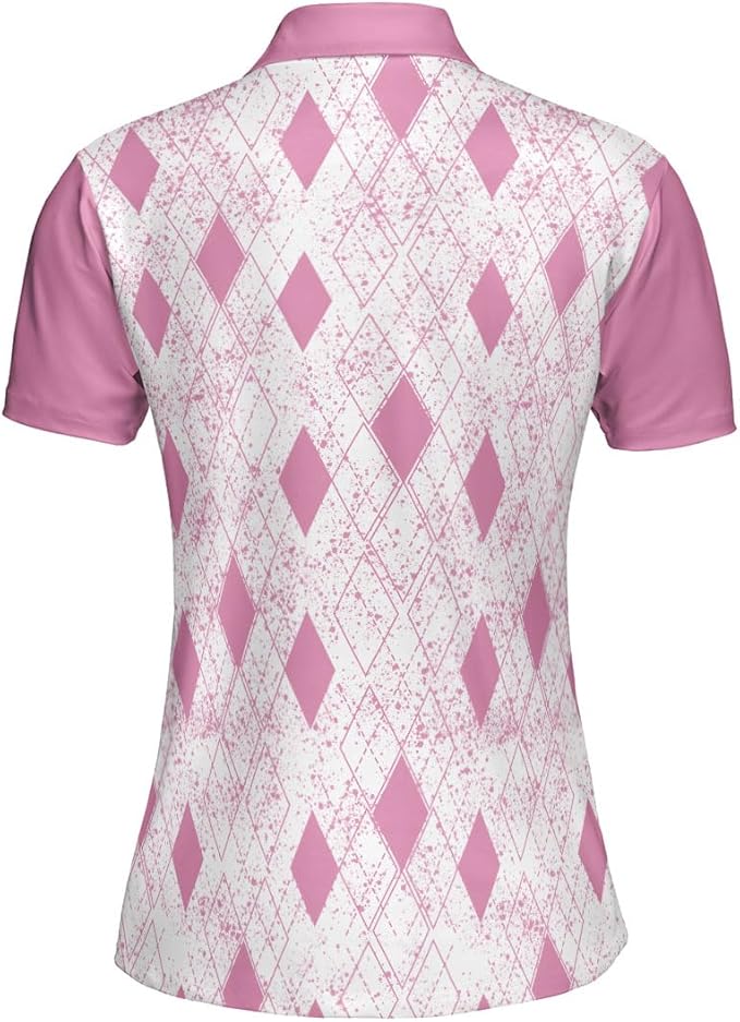 Custom Ladies Bowling Shirts, Custom White And Pink Argyle Bowling Polo Shirt For Women BZ0105