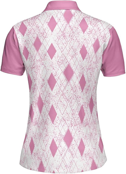 Custom Ladies Bowling Shirts, Custom White And Pink Argyle Bowling Polo Shirt For Women BZ0105