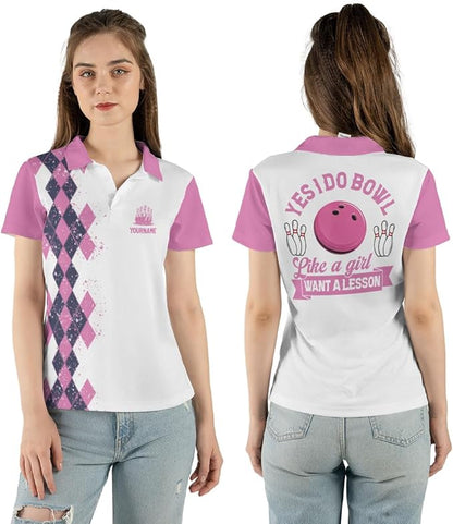 Custom Yes I Do Bowl Like A Girl Want A Lesson Bowling Polo Shirt For Women, Custom White And Pink Funny Bowling Shirt BZ0016