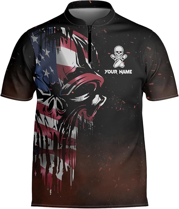 Custom Skull Bowling Polo Shirt For Men, Custom American Flag Skull Bowling Team Shirts BZ0190