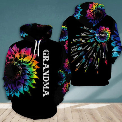 Personalized Grandma with Kid Name Tie Dye Sunflower Hoodie, 3D All Over Print Custom Mom And Kids Name Hoodie SO1514