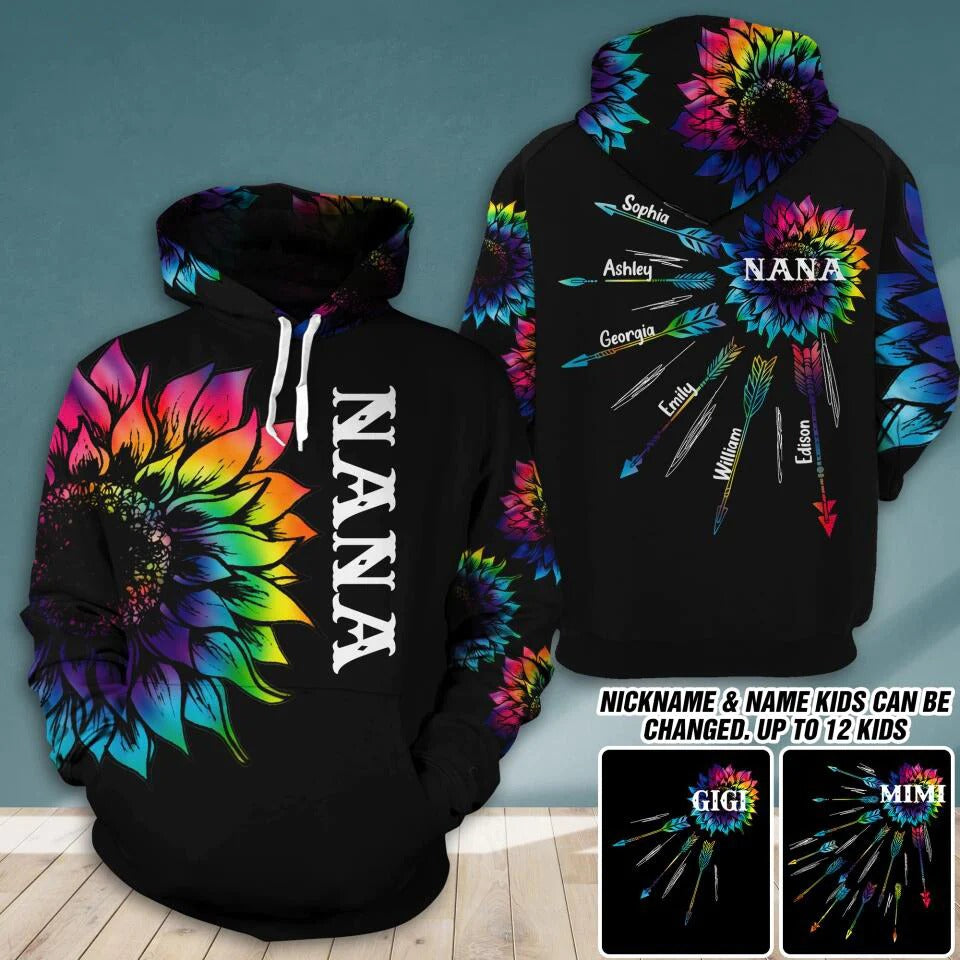 Personalized Grandma with Kid Name Tie Dye Sunflower Hoodie, 3D All Over Print Custom Mom And Kids Name Hoodie SO1514