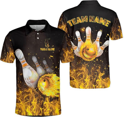 Custom Flame Bowling Polo Shirt For Men, Custom Flame Bowling Team Shirts BZ0090