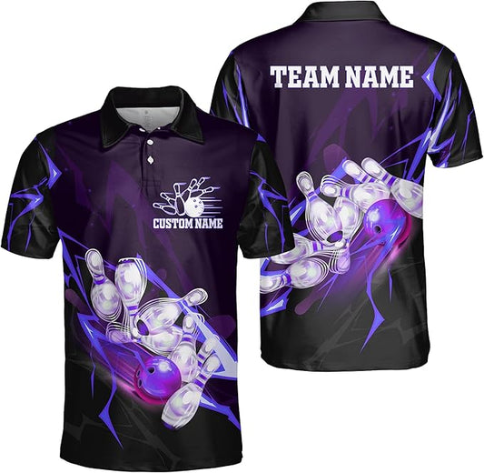 Custom Team Black And Purple Lightning Bowling Polo Shirt For Men, Custom Bowling Shirt BZ0022