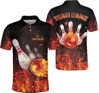 Custom Flame Bowling Polo Shirt For Men, Custom Flame Bowling Team Shirts BZ0090