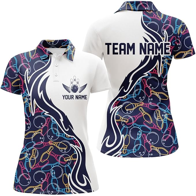 Custom White And Blue Team Bowling Polo Shirt For Women, Custom Team Bowling Shirt BZ0034