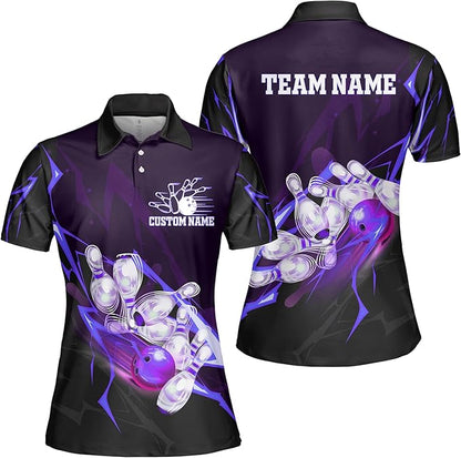 Custom Team Black And Purple Lightning Bowling Polo Shirt For Men, Custom Bowling Shirt BZ0022