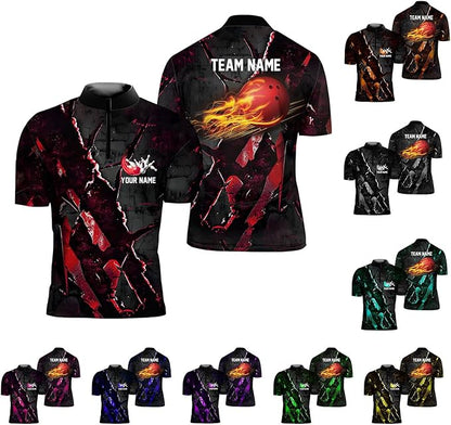 Custom Black And Red Flame Ball Bowling Jersey Shirt For Men, Custom Bowling Team Shirts BZ0093