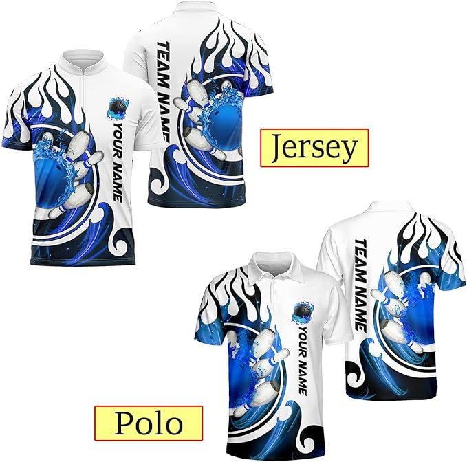 Custom Blue Flame Bowling Polo Shirt For Men, Custom Flame Bowling Team Shirts BZ0173