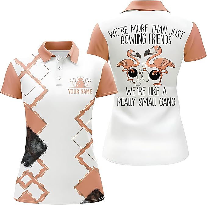 Custom We're More Than Just Bowling Friends We're Like A Really Small Gang Bowling Polo Shirt For Women, Custom White And Pink Funny Bowling Shirt BZ0110