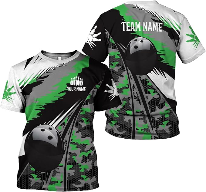 Custom Green Camo Bowling T Shirt For Men, Custom Bowling Team Shirts BZ0160