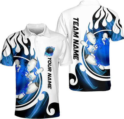 Custom Blue Flame Bowling Polo Shirt For Men, Custom Flame Bowling Team Shirts BZ0173