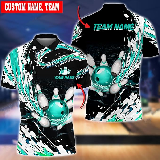 Custom Team Black And Blue Bowling Polo Shirt For Men, Custom Team Bowling Shirt BZ0026