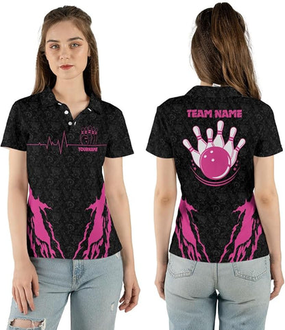 Custom Black And Pink Team Bowling Polo Shirt For Women, Custom Team Bowling Shirt BZ0123