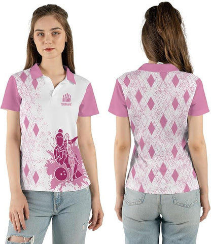 Custom Ladies Bowling Shirts, Custom White And Pink Argyle Bowling Polo Shirt For Women BZ0105