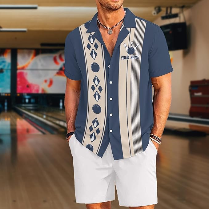 Custom Blue Vintage Bowling Hawaiian Shirt For Men, Custom Vintage Bowling Team Shirts BZ0118