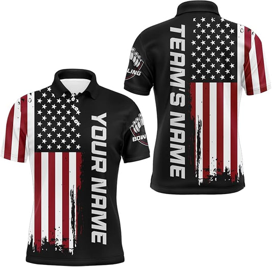 Custom American Flag Bowling Polo Shirt For Men, Custom Patriotic Bowling Team Shirts BZ0100